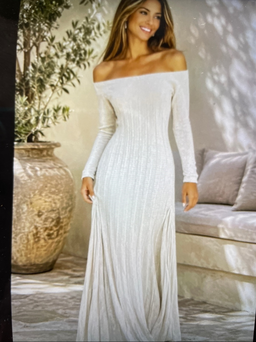 M.   Cream  3/4 Sleeves &  Off Shoulder  Mermaid Knit  Dress